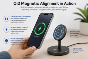Image – iPhone snapping onto a Qi2 charger showing magnetic alignment - WirelessGearGuideqa