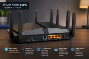 Image – TP-Link Archer BE800 router detail shot showing ports and antennas