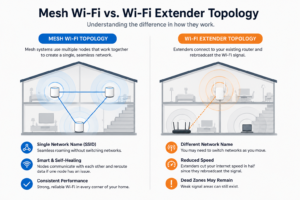 Image – Diagram showing mesh network topology vs extender topology