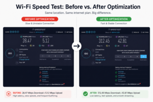 Image – Screenshot of Speedtest.net showing before-and-after Wi-Fi optimization results