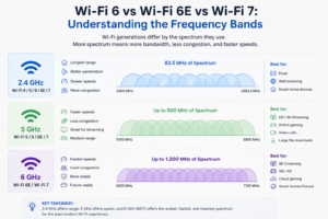 Image – Frequency spectrum diagram showing 2.4GHz, 5GHz, and 6GHz band widths