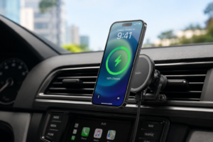 Image – iPhone mounted on Belkin MagSafe car charger in a car interior